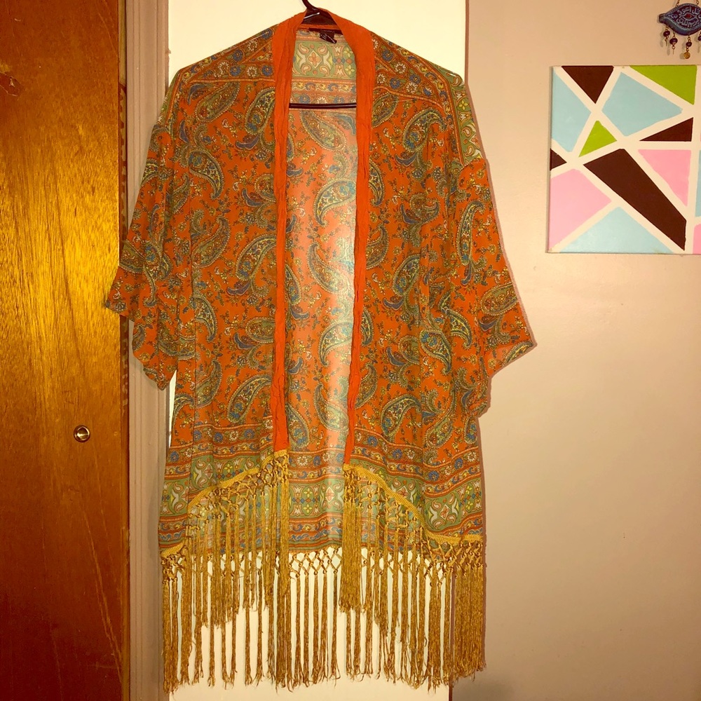 Forever 21 Orange Patterned Kimono w/ Gold Tassles